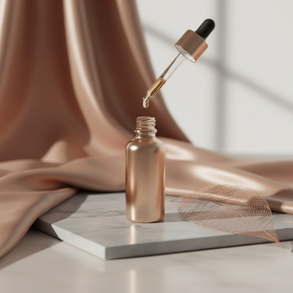 Luxurious GHK-Cu copper peptide serum dropper next to finely textured copper-toned fabric on a marble surface, emphasising advanced anti-ageing skincare.
