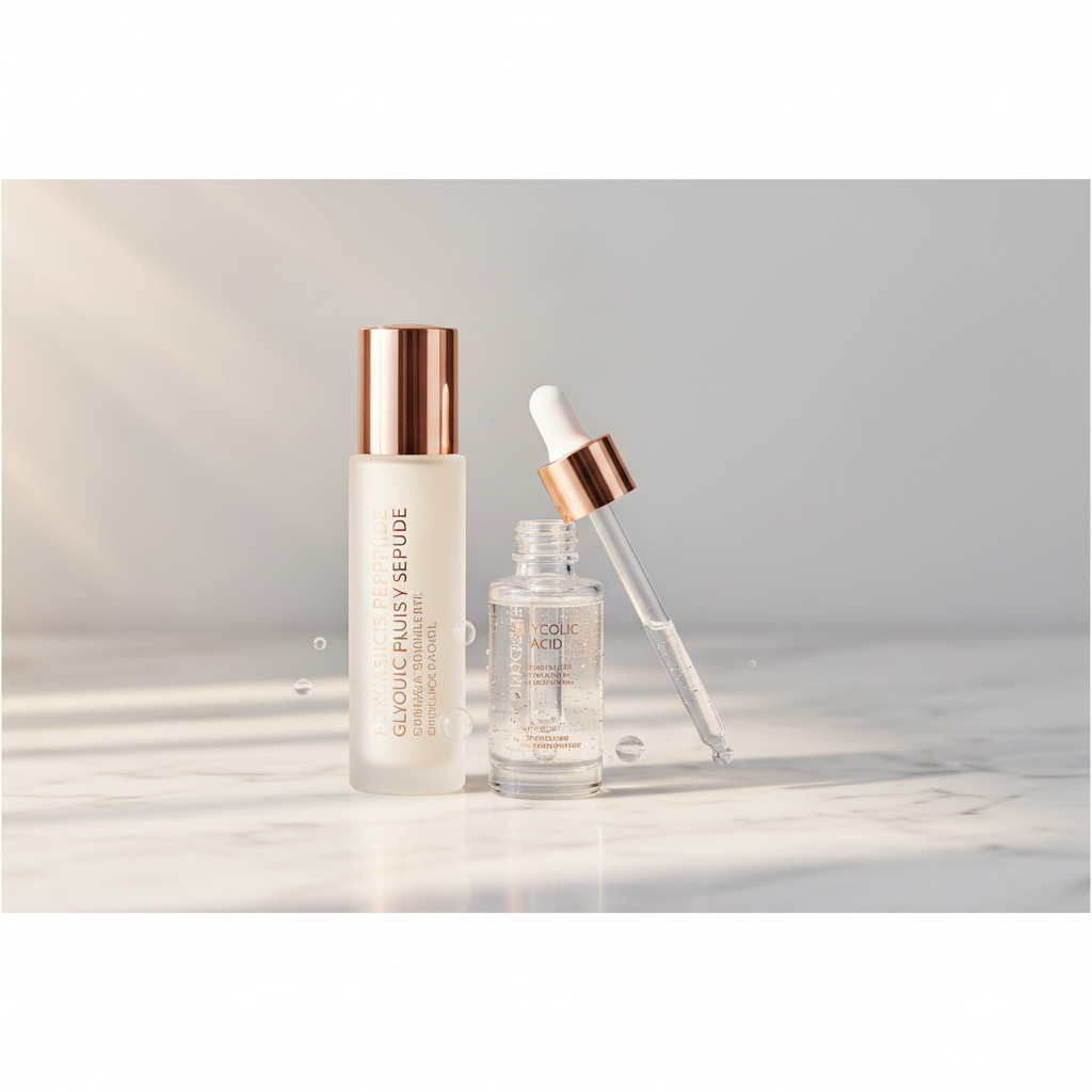 Close-up of a luxurious copper peptide serum bottle with glycolic acid dropper bottle, elegant skincare setting, UK market focus