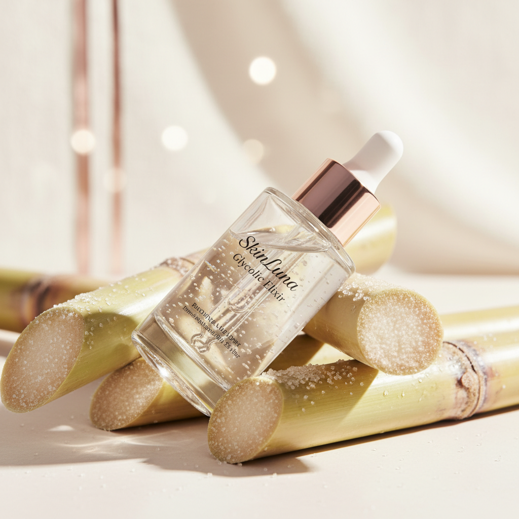 Close-up of a luxurious glass bottle of glycolic acid serum with a dropper, surrounded by fresh sugar cane stalks and soft, glowing light, symbolising natural e