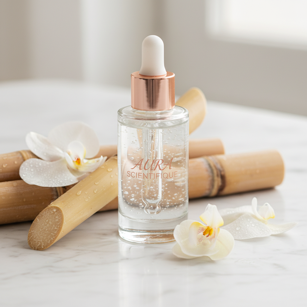 Close-up of a luxurious glass dropper bottle with a glycolic acid serum, surrounded by delicate white flower petals and glistening sugar cane stems, against a s