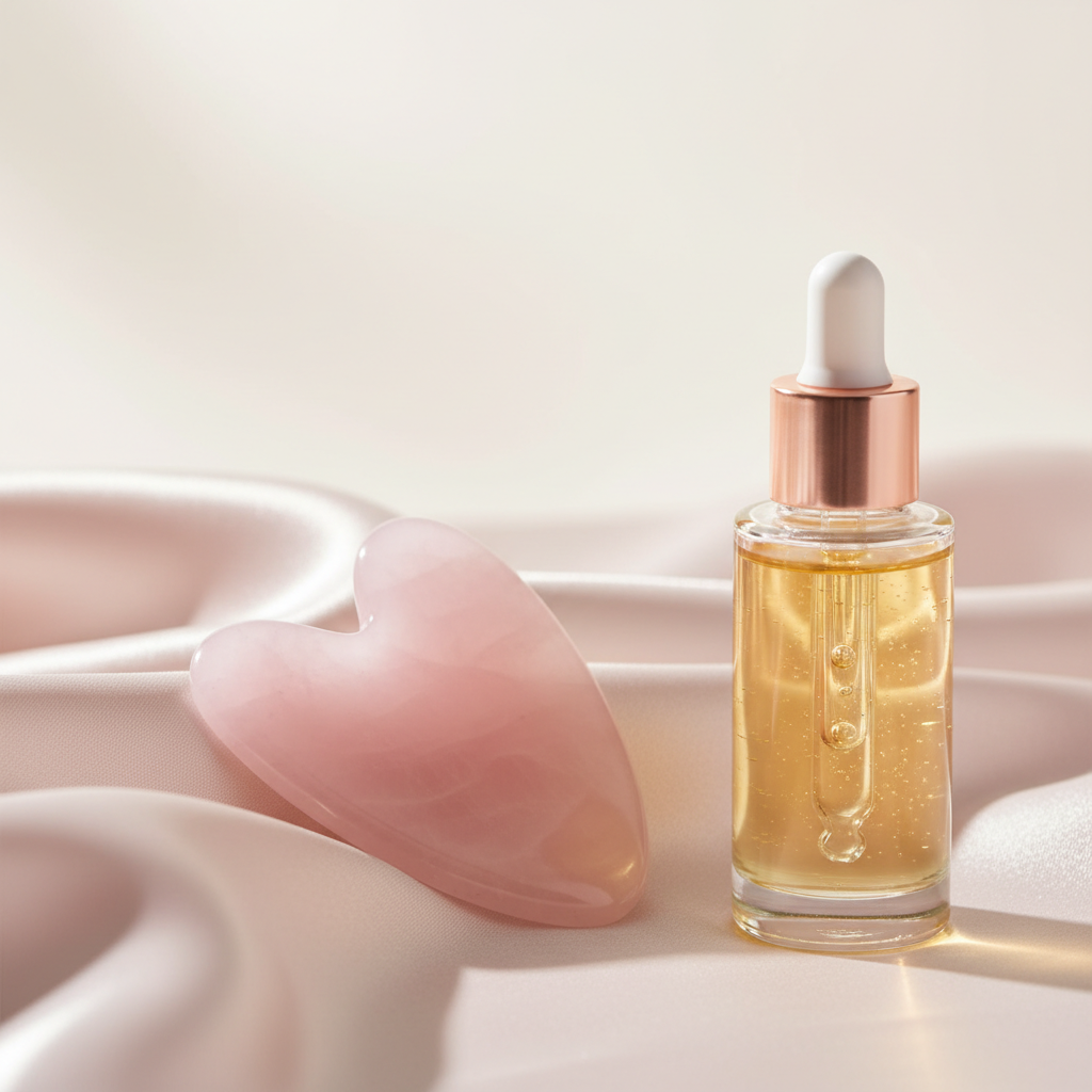 Delicately balanced rose quartz Gua Sha tool on a luxurious silk cloth next to a subtle glass bottle of anti-aging serum, capturing the essence of Gua Sha UK fo