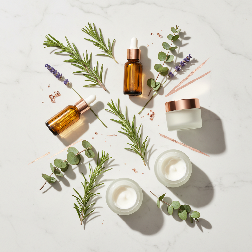 Luxurious array of natural skincare ingredients such as copper peptides and vitamin C on a marble background, symbolising how to tighten skin on face naturally
