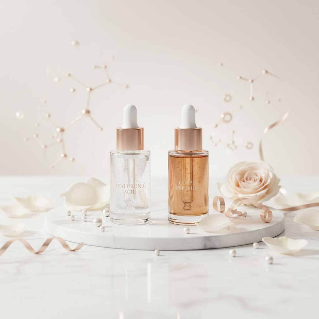 Luxurious glass bottles of hyaluronic acid and copper peptide serums, with scientific diagrams in the background, symbolising hyaluronic acid vs copper peptides