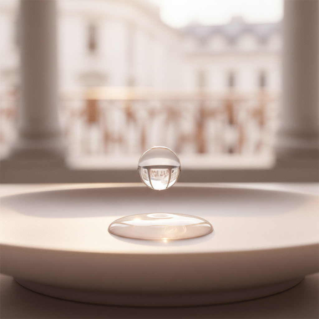 Close-up shot of a clear hyaluronic acid serum droplet glistening on a perfectly hydrated, smooth skin surface, with subtle reflections of London's skyline in t