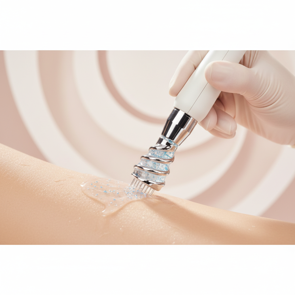 Close-up of a HydraFacial wand gently gliding over a woman's cheek, highlighting the patented Vortex-Fusion technology. Serums and subtle light reflections indi