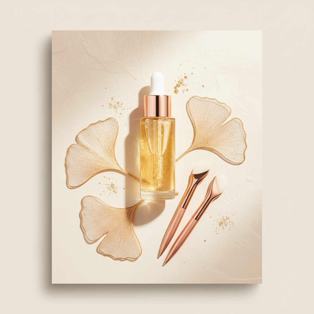 Close-up of a luxurious glass dropper bottle with a golden serum, surrounded by delicate copper vessels and illuminating botanicals on a muted, elegant surface,