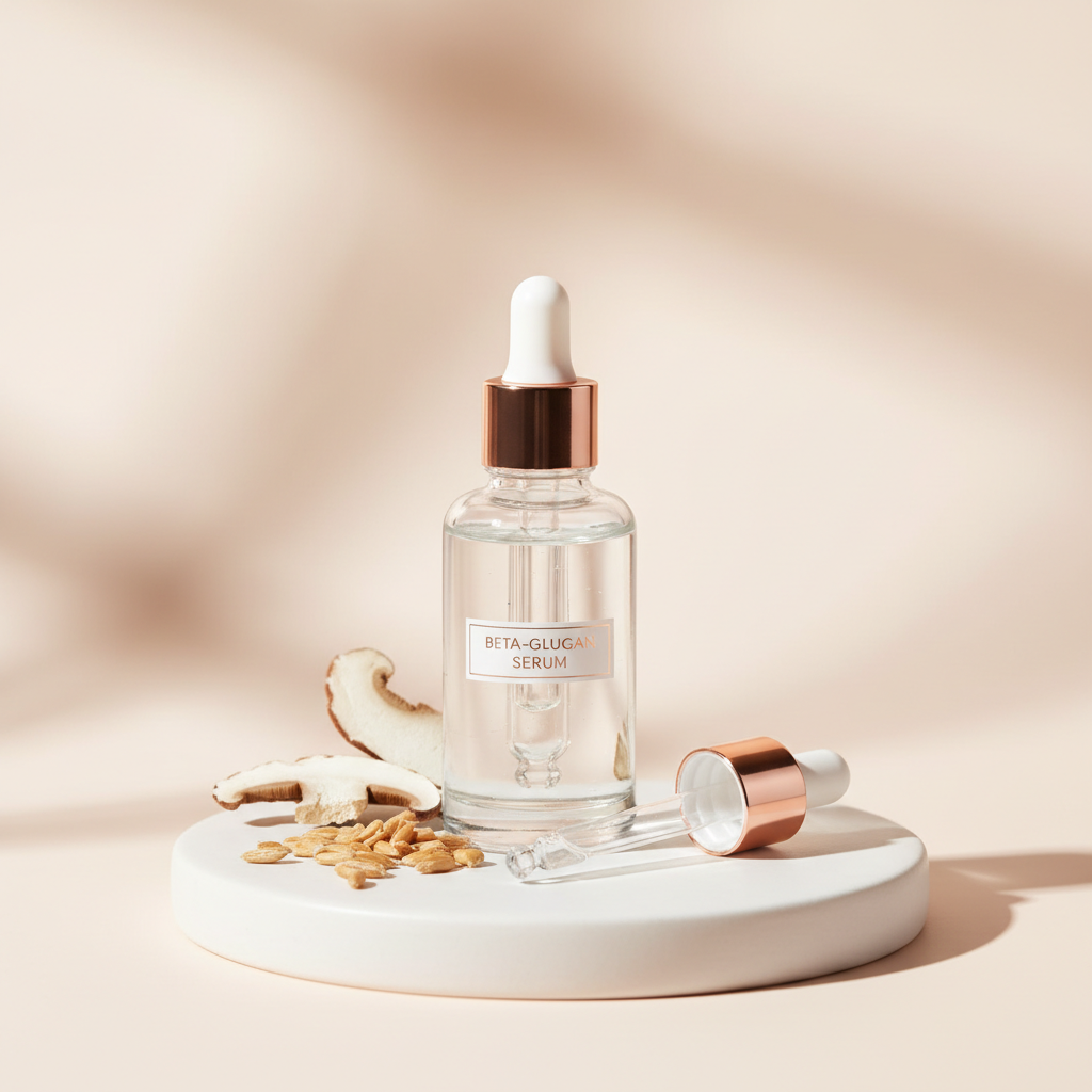 Close-up of a minimalist, luxury skincare product with beta-glucan for skin, featuring dew drops and a soft, ethereal glow on a clean background, conveying hydr