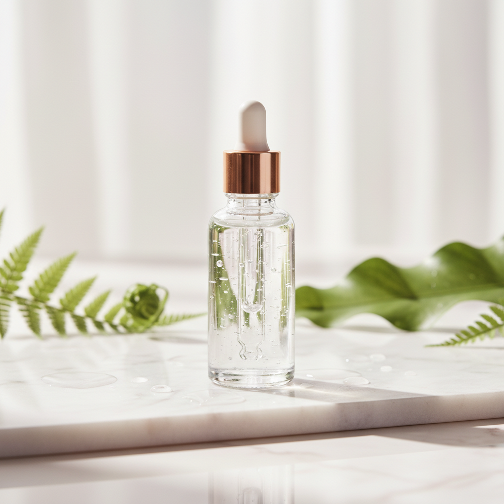 Luxurious glass dropper bottle of hyaluronic acid serum on a pristine white marble surface, surrounded by subtle hints of water droplets and green botanical ele
