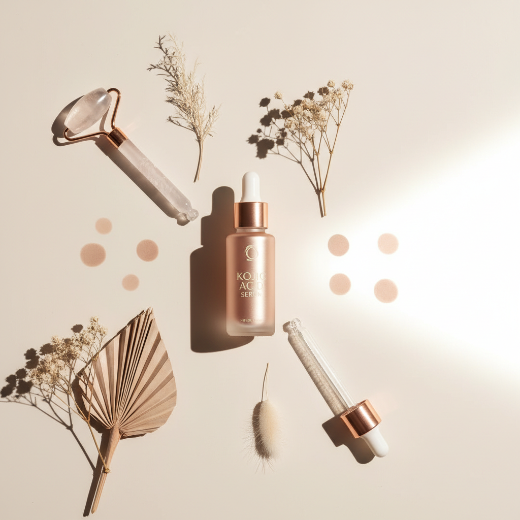 Elegant still life with a bottle of Kojic Acid serum, soft focus on dark spot patches, showcasing Kojic Acid for skin benefits
