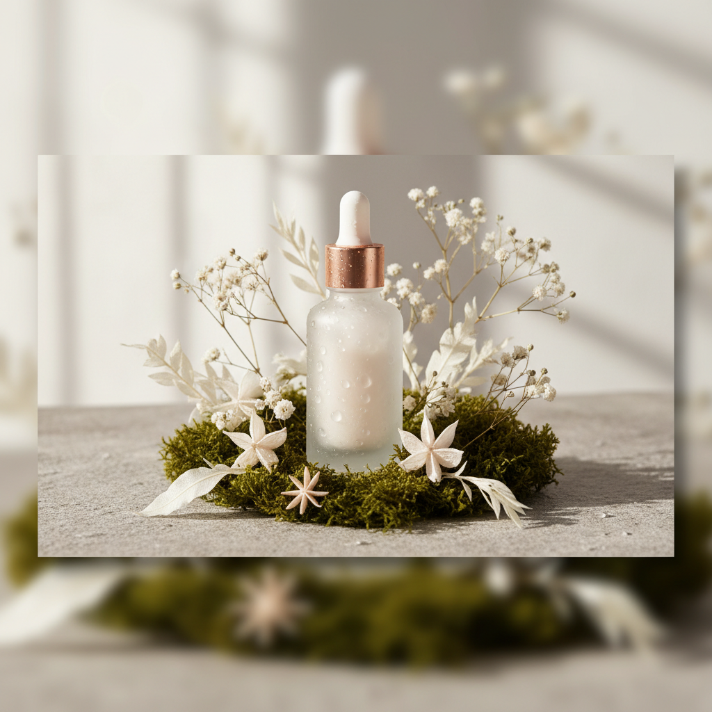 Close-up of a luxurious glass bottle of microbiome skincare serum surrounded by lush green plant leaves, depicting healthy skin flora and natural ingredients in