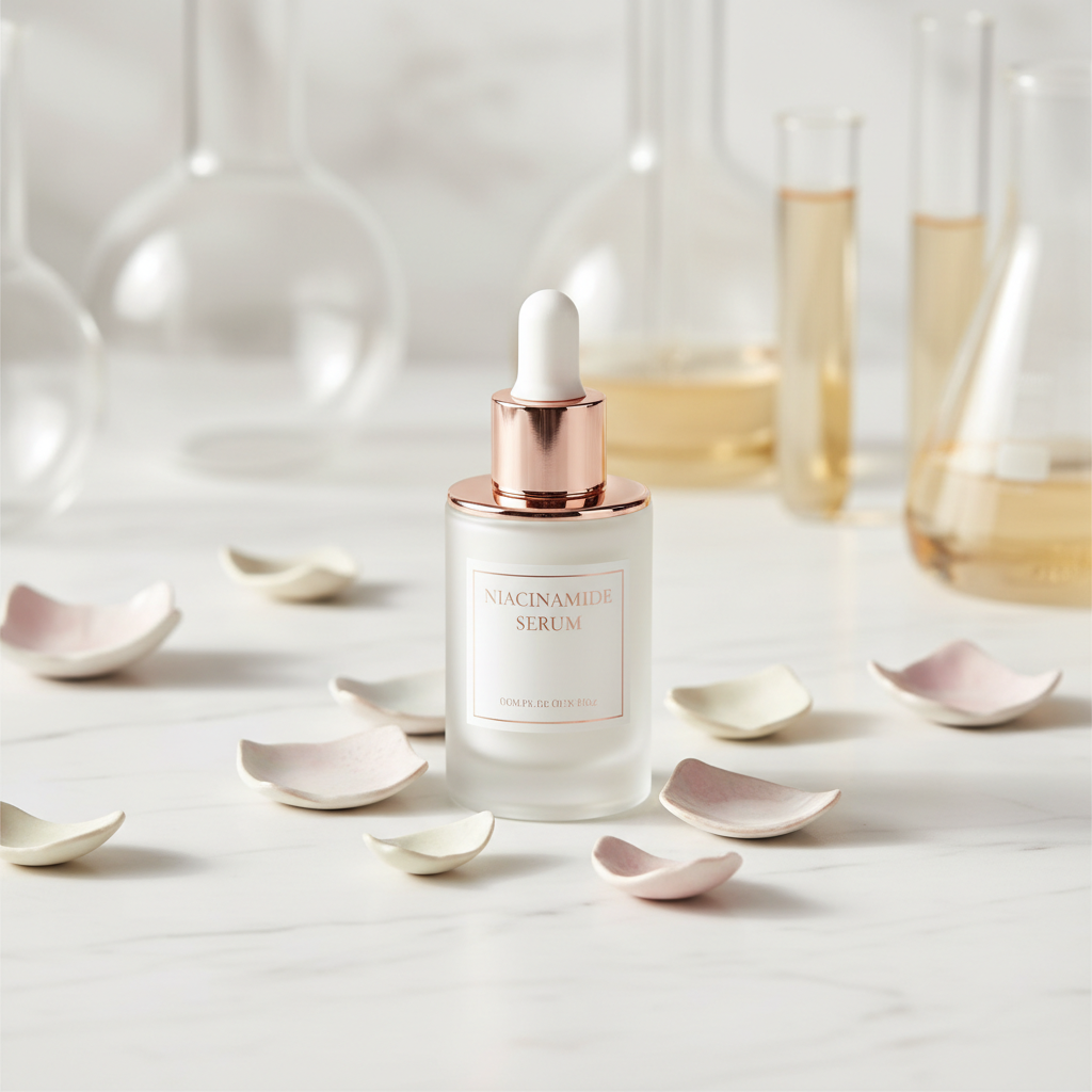 Luxurious white and gold skincare bottle of a niacinamide serum, surrounded by delicate ceramic petals and clinical beakers on a marble surface, emphasising nia