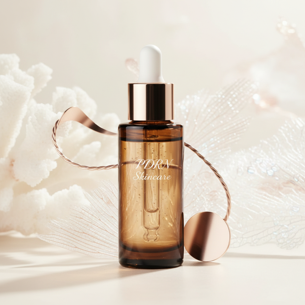 Close-up of a luxurious serum bottle containing PDRN skincare, with iridescent salmon scales in soft focus background, symbolising its marine origin and regener