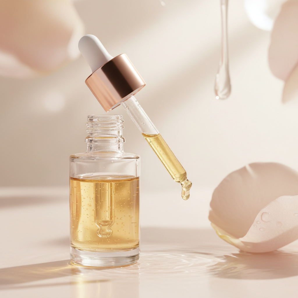 Close-up of a luxurious glass dropper bottle containing a golden retinol serum, surrounded by soft focus blurred elements representing healthy skin – a gentle,