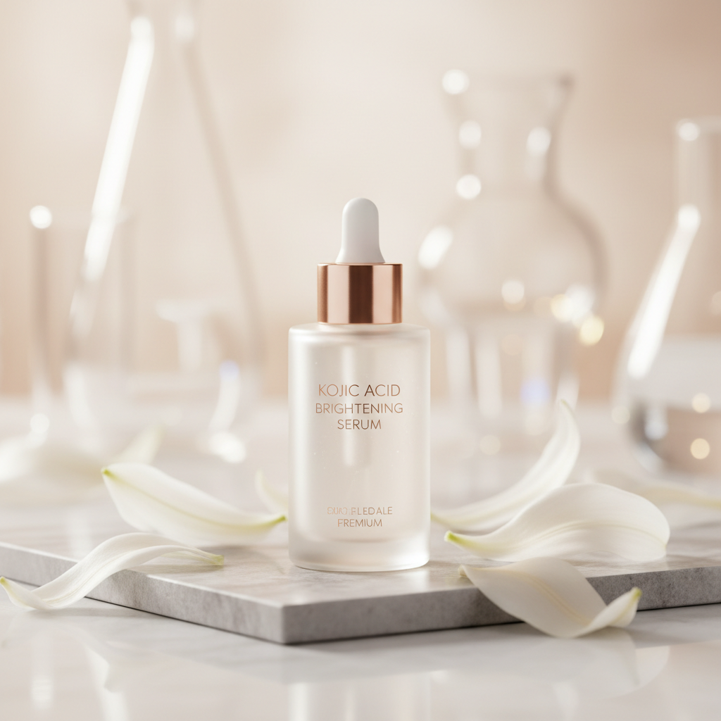 Luxurious glass bottle of Kojic Acid serum glowing on a marble surface with delicate floral accents, conveying scientific efficacy for uneven skin tone UK