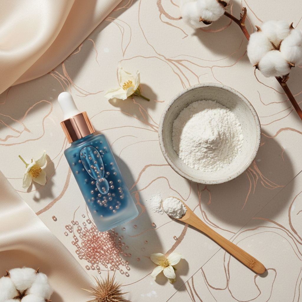 Elegant flat lay of copper peptides complex serum and Kojic Acid powder with botanical extracts, on a minimalist British stone background, illustrating the Koji