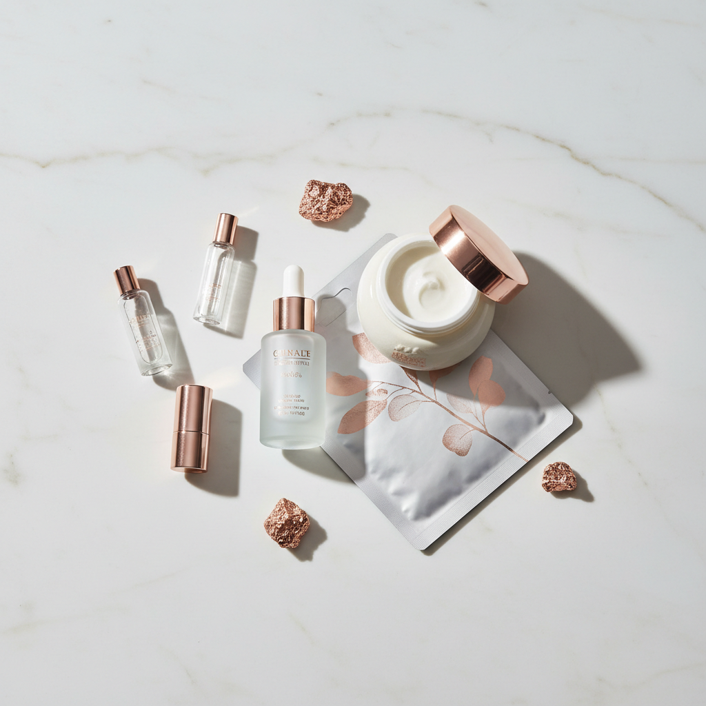 Luxurious array of Korean-inspired skincare products, including essences, serums with GHK-Cu, and moisturisers, on a marble vanity in a UK setting, with soft, n