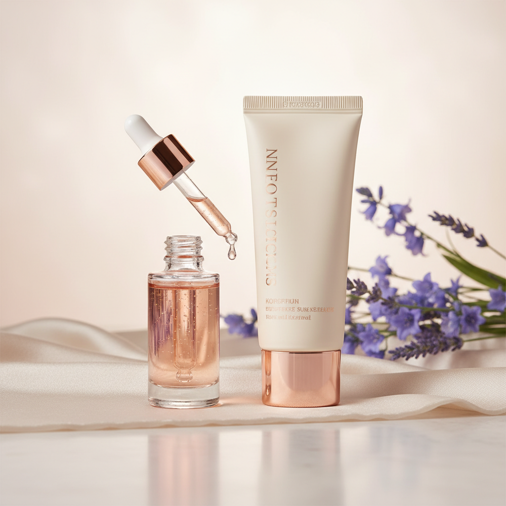 Close-up of a minimalist, luxury copper peptide serum bottle alongside a sleek Korean sunscreen tube, with soft light and botanical elements, highlighting Korea