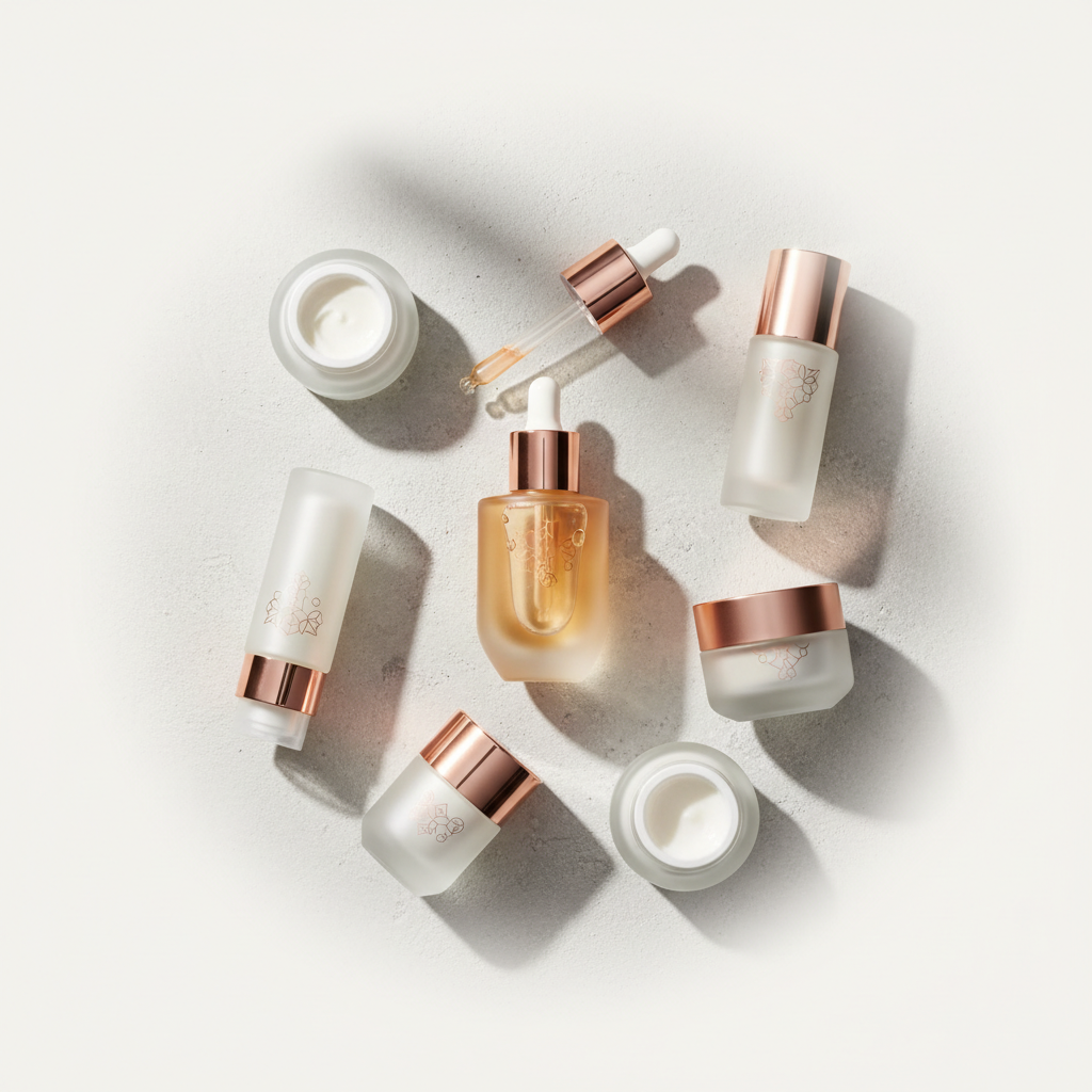Close-up of elegant skincare products with subtle GHK-Cu tones on a sleek London-inspired backdrop, illustrating optimal skincare for London commuters.