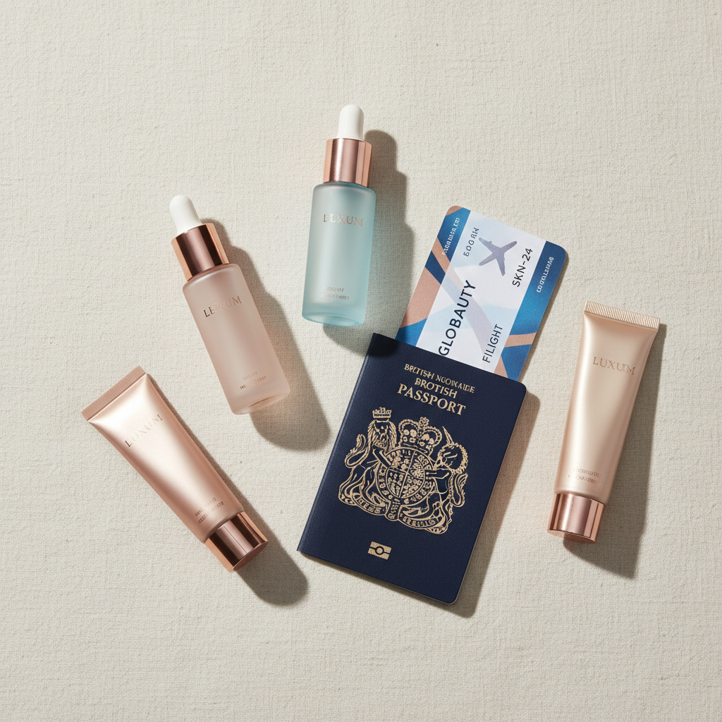 Luxury long-haul flight skincare products arranged elegantly next to a passport and plane ticket, symbolising travel from London with luminous skin as the goal.