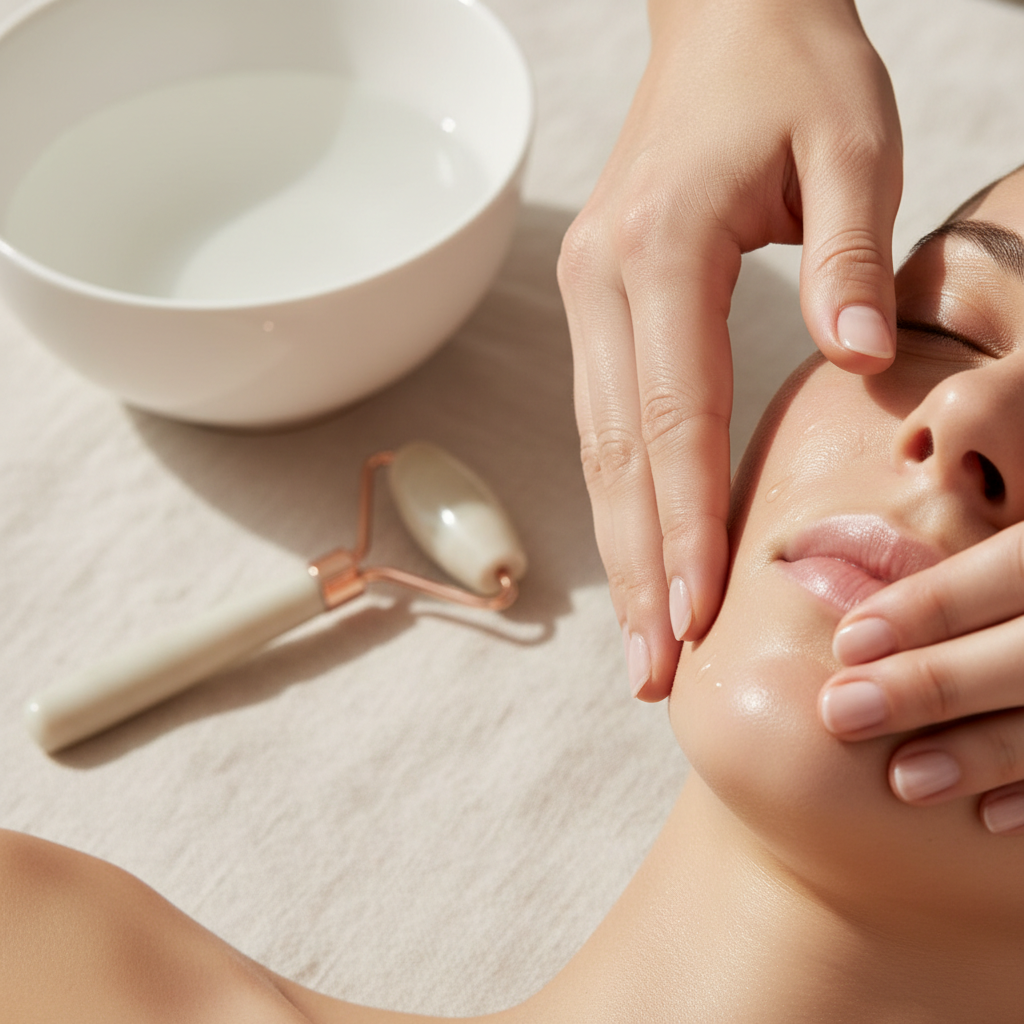 Elegant hand gently performing a lymphatic facial massage on a serene woman's face, showcasing a radiant, de-puffed complexion in a British luxury spa setting,