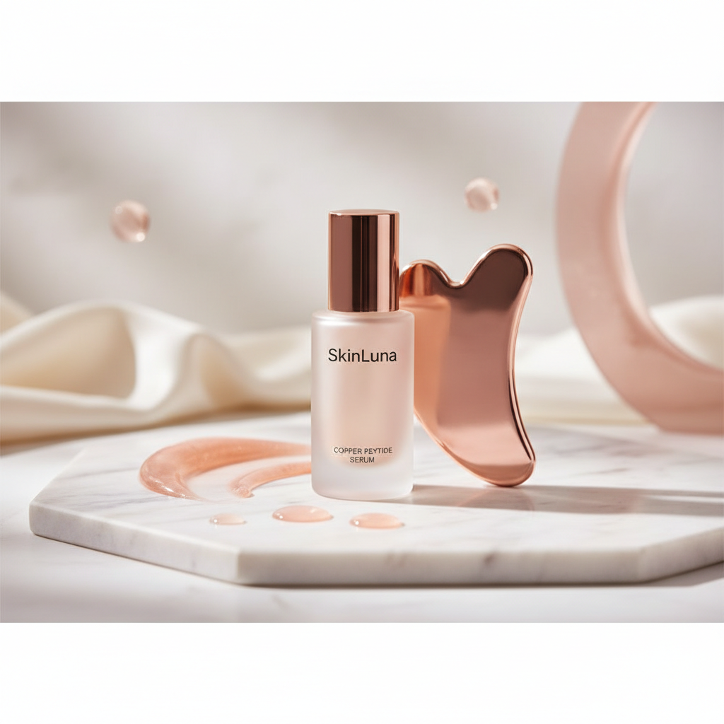 Close-up of a luxurious copper peptide serum bottle with gentle, artistic streaks of skincare product on a marble surface, next to a rose gold gua sha tool for