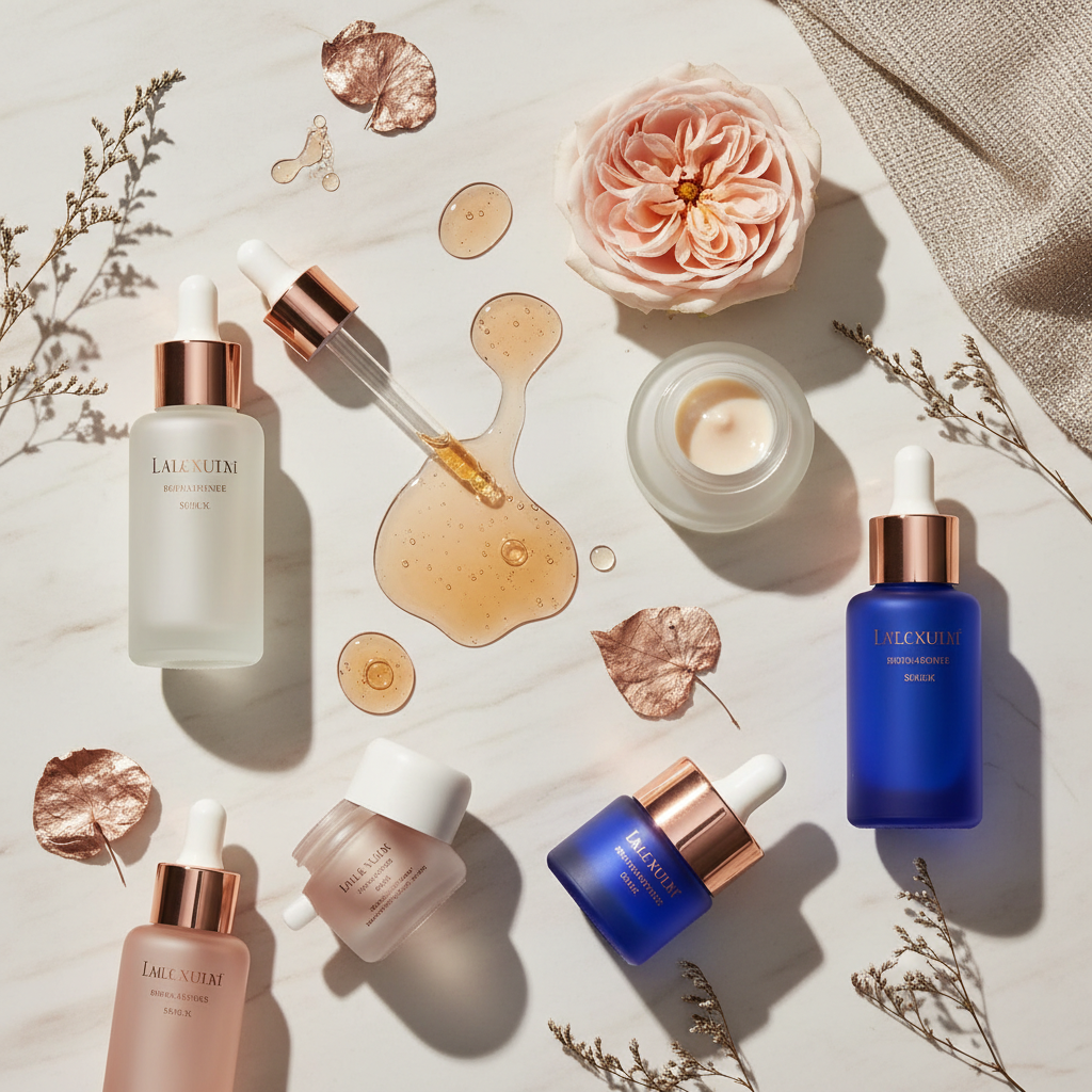 Luxurious array of sophisticated skincare products infused with copper peptides, tailored for menopausal skin UK, showcasing elegant bottles and serum textures