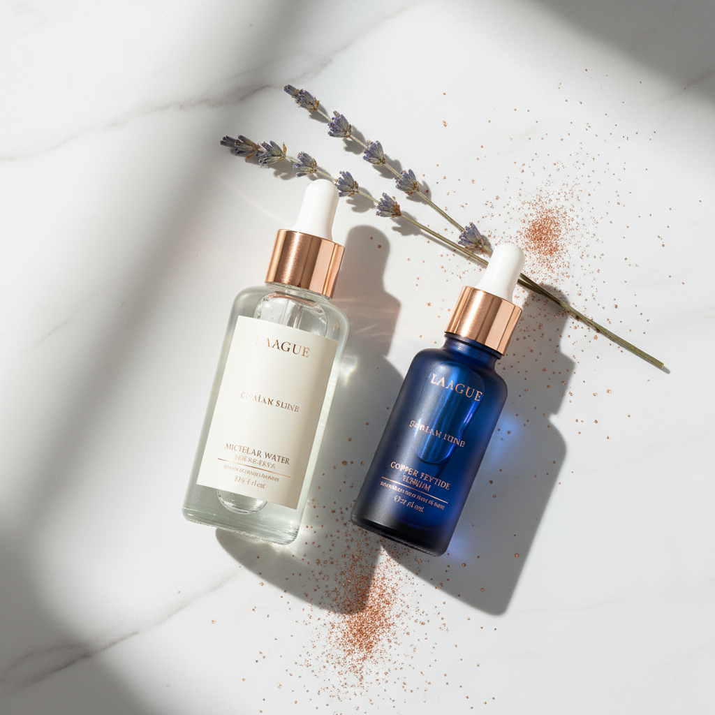 Luxurious glass bottle of copper peptide serum alongside a micellar water bottle, with soft lighting on a marble surface, emphasising micellar water vs copper p