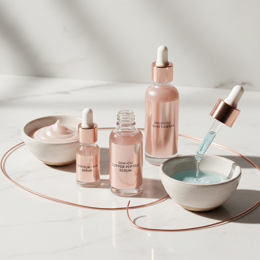 Close-up of luxurious skincare products featuring copper peptides and microbiome-friendly ingredients, showcasing textures and elegant packaging, representing m