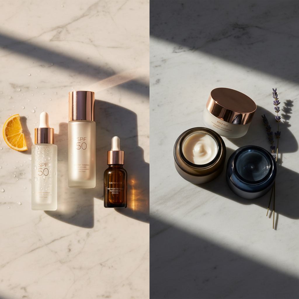 Luxurious array of British skincare products, some with copper peptide colours, laid out on a marble surface with delicate morning and evening light, illustrati
