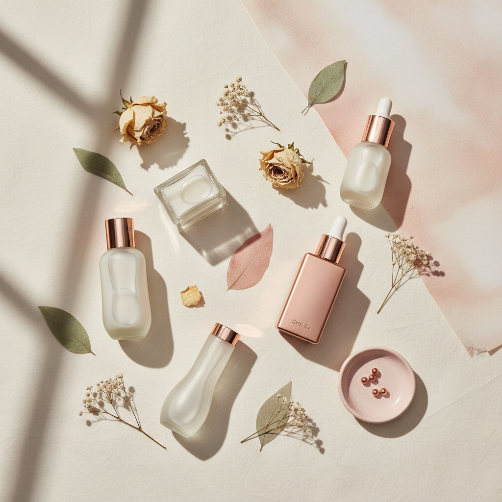 Luxurious natural skincare products with botanical ingredients and a copper peptide serum displayed elegantly, evoking a London dermatology aesthetic