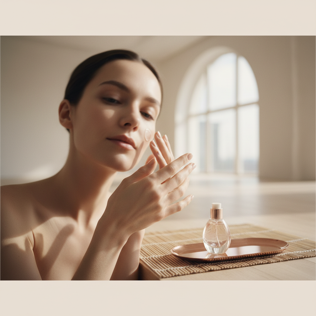 Close-up of a London woman applying a luxurious serum to her face, radiating health and elegance, illustrating effective skincare for yoga and pilates practitio