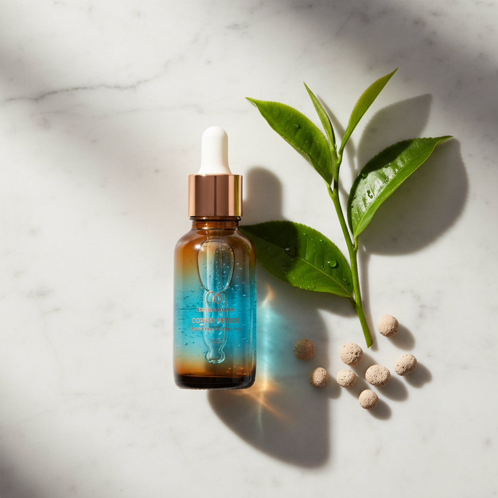 Close-up of a minimalist skincare bottle with copper peptide serum next to balancing botanicals on a marble surface, representing oily skin copper peptides UK s