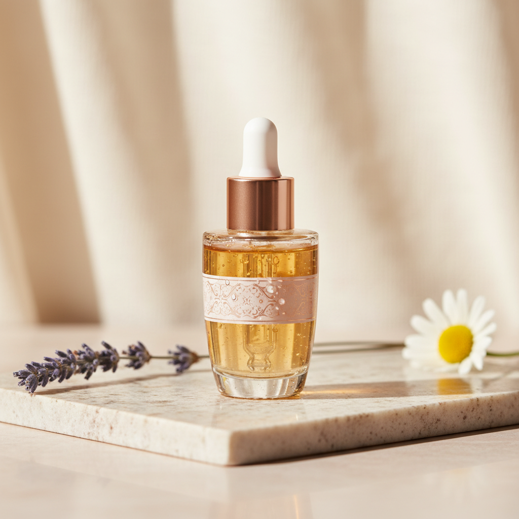 Close-up of a luxurious copper peptide serum bottle with metallic accents on a neutral backdrop, surrounded by subtle botanicals and shimmering water droplets,