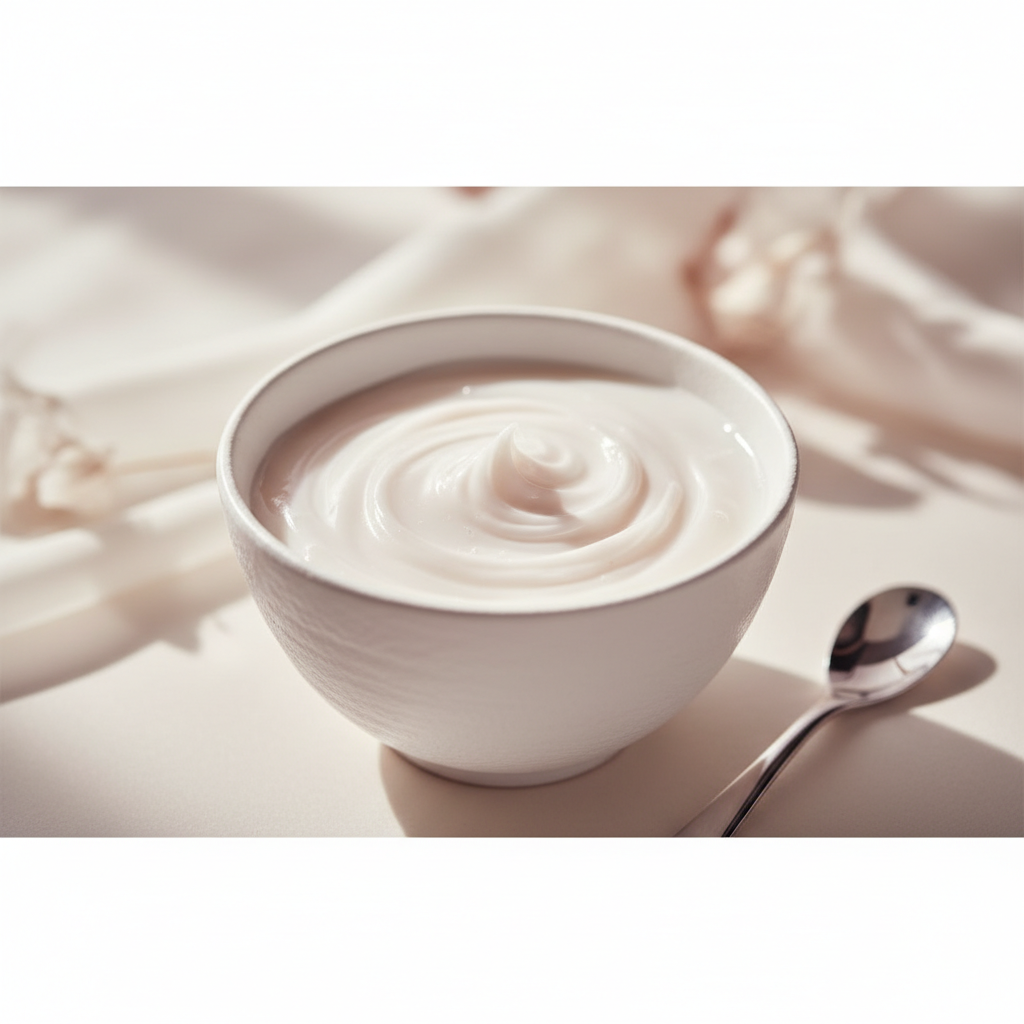 Close-up of a luxurious, creamy, white skincare product being gently applied to a surface, demonstrating hydration and soothing properties, suitable for a psori