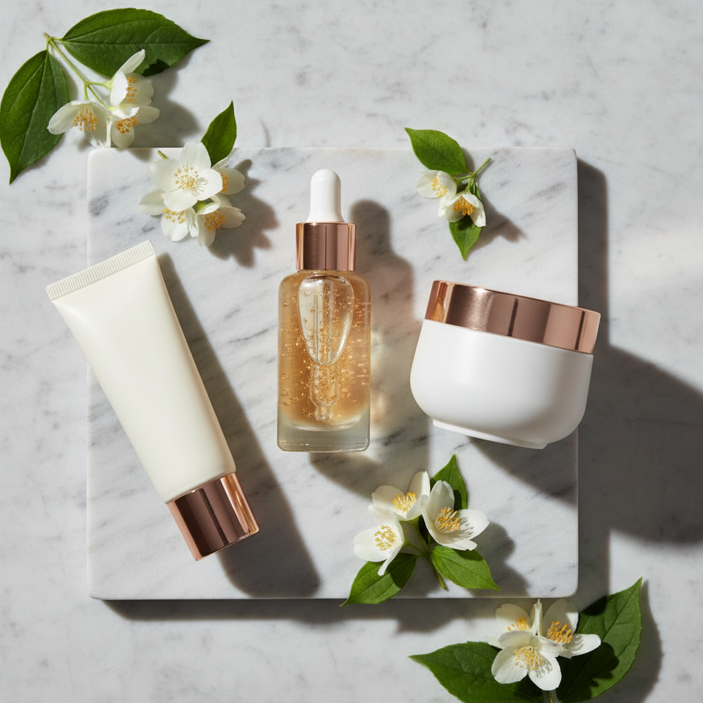 Luxurious glass bottle of serum with copper tones on a marble surface with delicate flowers and soft lighting, enhancing a quick and effective skincare routine