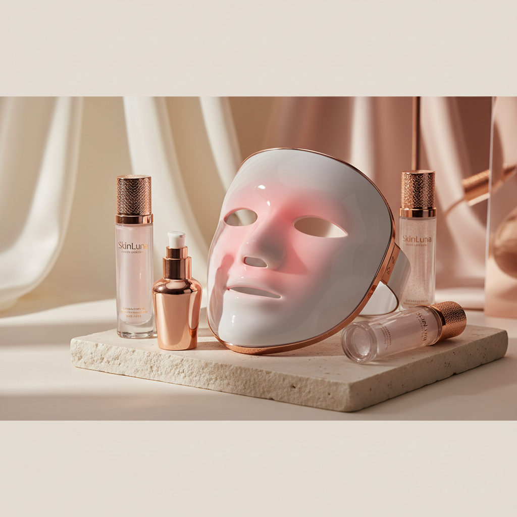 Close-up of a futuristic red light therapy face mask with glowing red LEDs, placed elegantly on a minimalist white surface in London, surrounded by luxurious sk