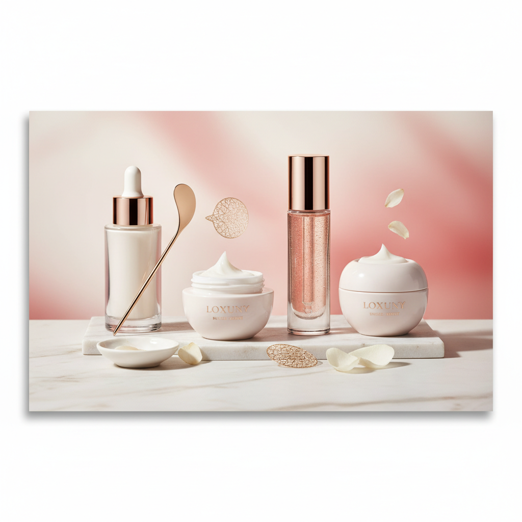 Luxurious skincare products alongside a serene, subtle red glow, symbolising the choice between red light therapy masks UK and advanced topical solutions.