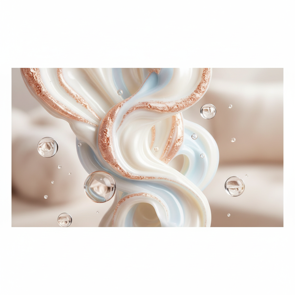 Close-up shot of luxurious skincare ingredients like ceramides, hyaluronic acid, and copper peptides swirling in a creamy texture, symbolising skin barrier repa