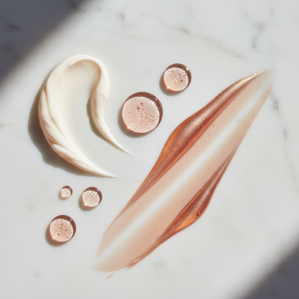 Close-up of a diverse range of exquisite skincare ingredients like soothing ceramide cream, hyaluronic acid serum droplets, and copper peptide essence in elegan