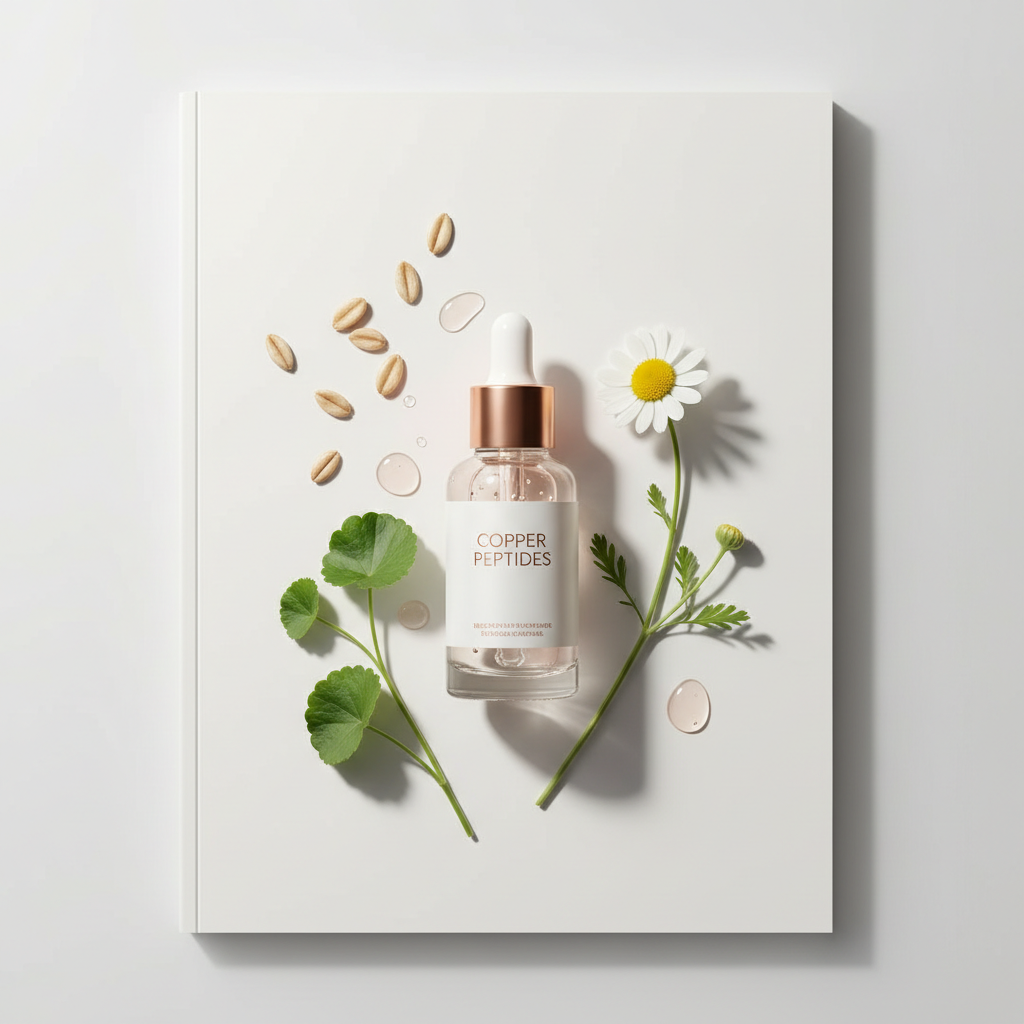 Close-up of a gentle, hydrating rosacea UK serum bottle with copper peptide ingredients, surrounded by soothing botanical elements like chamomile and aloe, on a