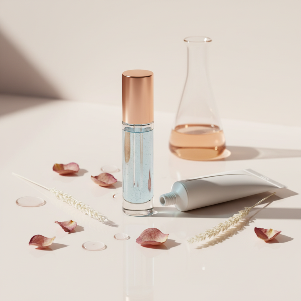 Luxurious skincare products featuring a serum bottle with copper peptides, a gentle cleanser with salicylic acid, and elegant pipettes on a marble surface, with