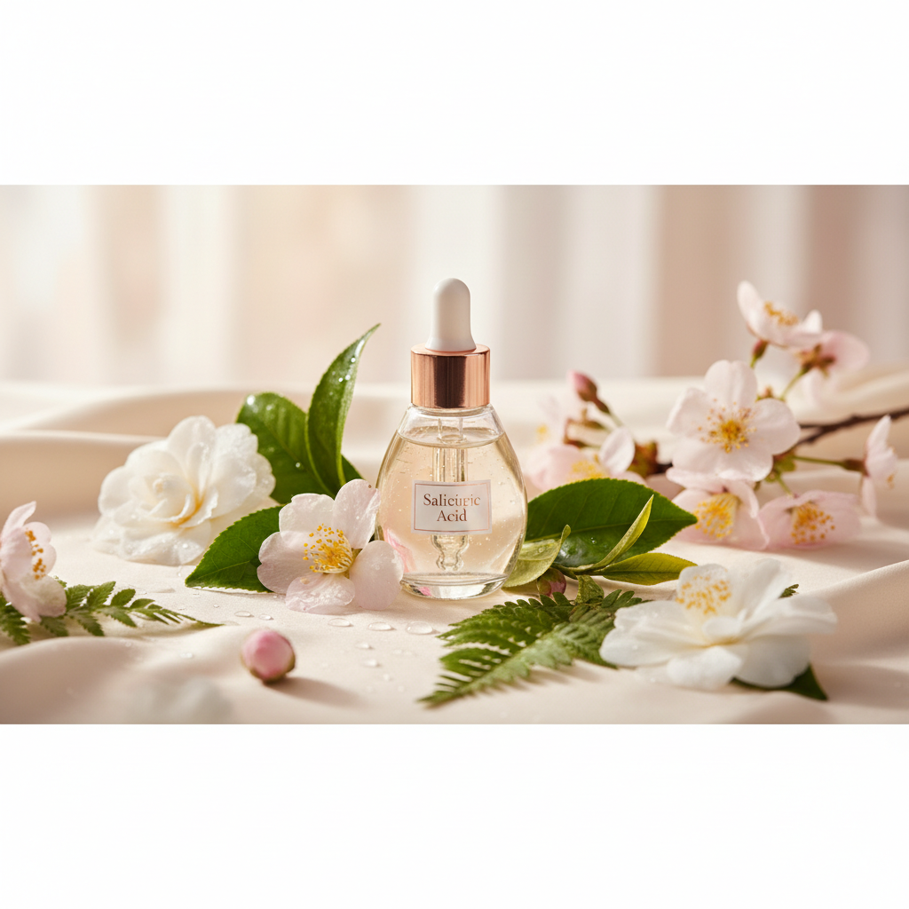 Close-up shot of a clear glass dropper bottle containing a Salicylic Acid serum, with small, pristine white flowers and dewy green leaves scattered around it, r