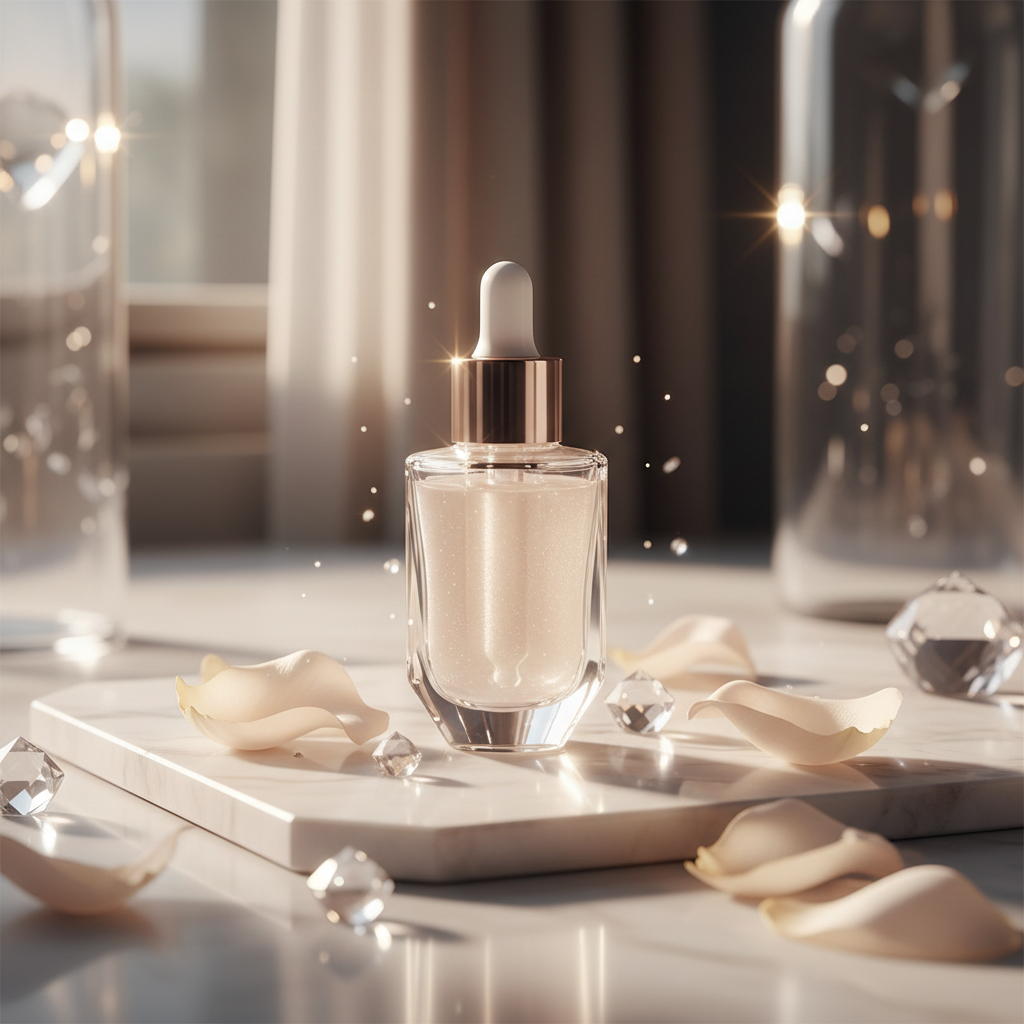 Close-up of a luxurious serum bottle with a pipette, surrounded by reflective glass elements and subtle gold accents, highlighting the best serums for cheekbone
