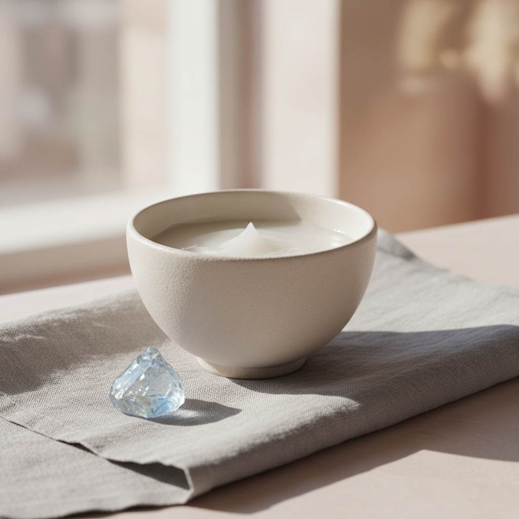 Close-up of a serene face with calm, slightly dewy sensitive skin before a soft, muted background, reflecting the peace achieved through gentle skincare in the
