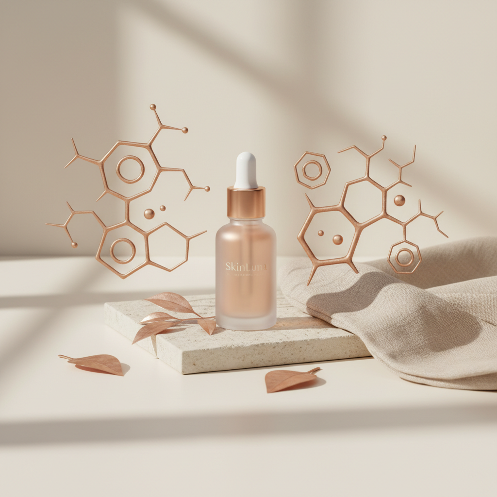 Luxurious glass bottle of SkinLuna face serum with a pipette, surrounded by delicate copper botanicals, symbolising precision in how to use a face serum