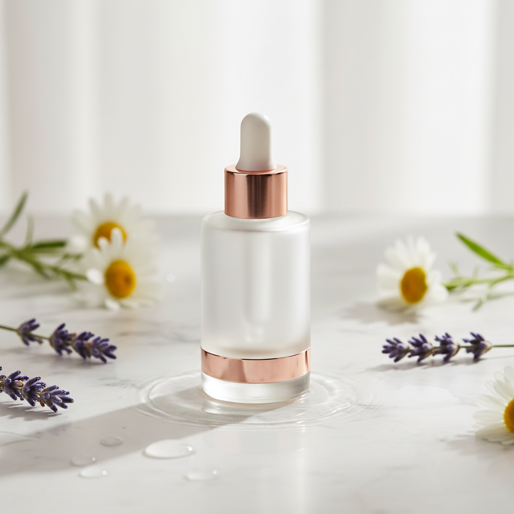 Close-up of a luxurious, calming copper peptide serum bottle with elegant gold accents, surrounded by soft, muted botanicals like lavender and chamomile, on a p