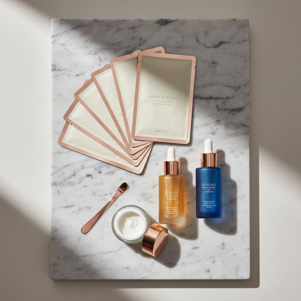 Luxurious array of sheet masks and copper peptide serum bottles on a marble surface with soft lighting, highlighting copper peptides UK for anti-ageing.
