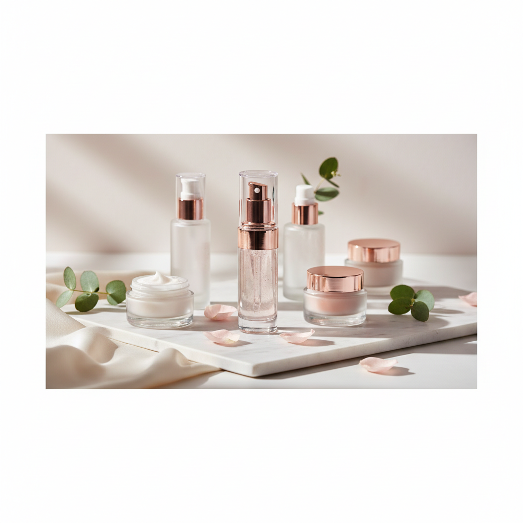 Luxurious skincare products arranged on a marble surface with delicate copper peptide serums and lush green botanicals, representing the Skin Cycling UK trend f