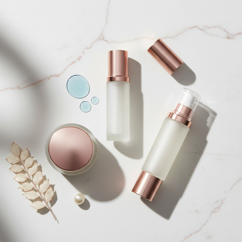 Luxurious skincare products arranged elegantly on a marble surface with soft lighting, highlighting the sophisticated Skin Cycling London routine.