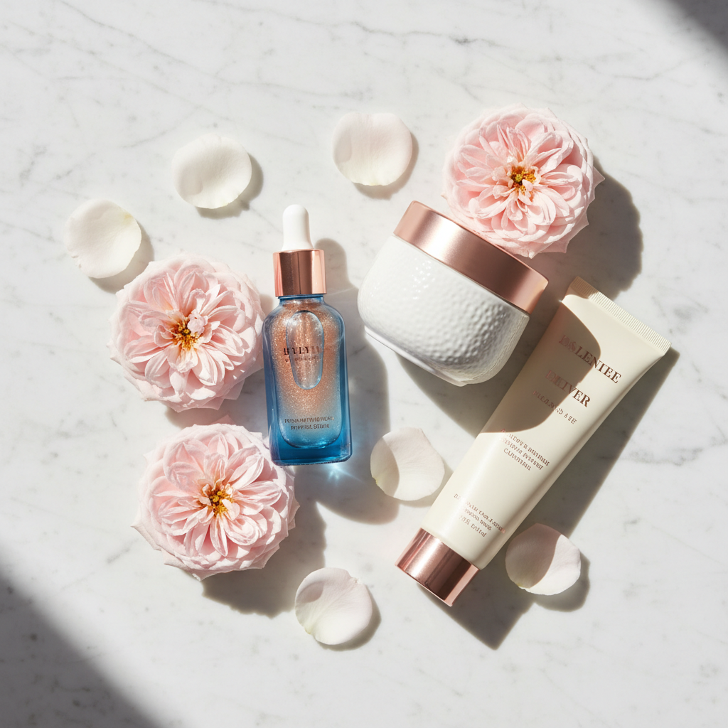 Luxurious array of skincare products including a blue serum bottle, white cream jar, and cleanser tube, on a marble surface with delicate flowers and soft, natu